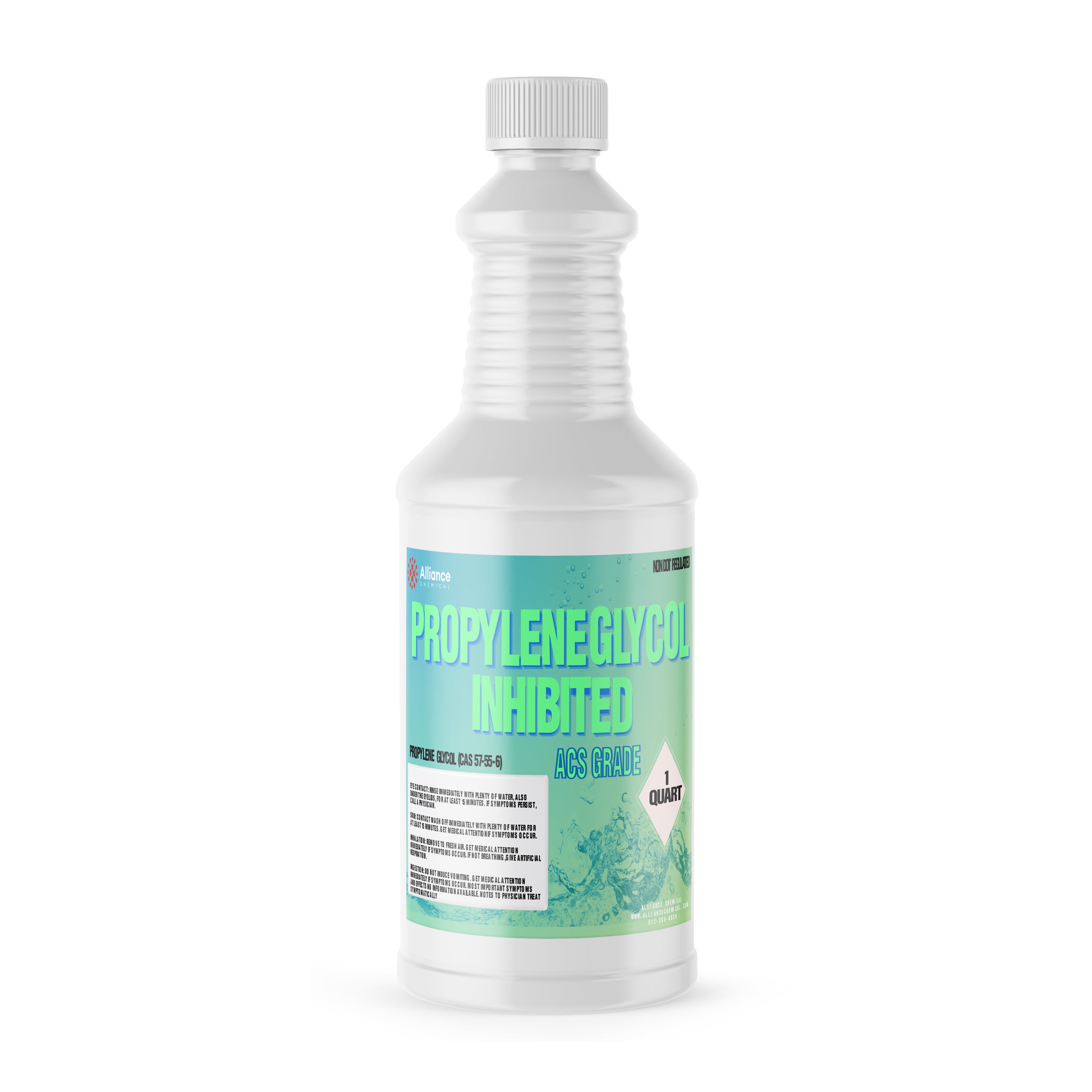 1-quart white HDPE bottle of Propylene Glycol Inhibited ACS Grade chemical with blue-green gradient label and ribbed safety cap.